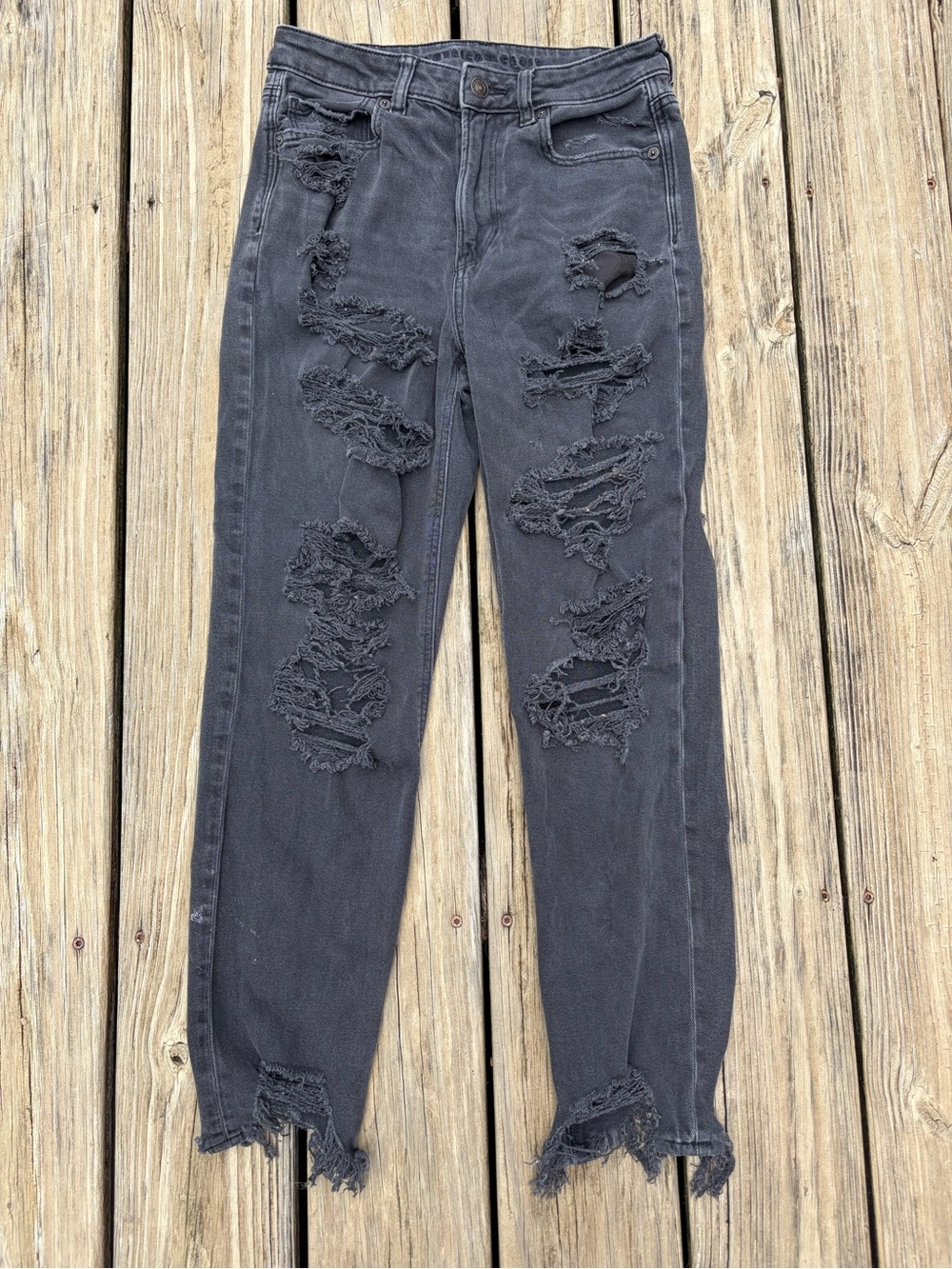 American Eagle Outfitters Washed Black High-Rise Jeans - Heavily Distressed
